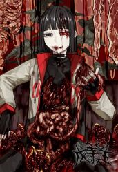 1other androgynous black_collar black_eyes black_gloves black_hair black_shirt blood blood_from_mouth blood_in_hair blood_on_face blunt_bangs chair collar flesh food fruit gloves guro intestines jacket meat multicolored_jacket original plant pomegranate potted_plant red_eyes shirt sitting teeth two-tone_jacket white_jacket wuwuren