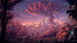 autumn city fantasy giant_tree grass highres hill landscape light_particles magic original painterly purple_sky refiend road rock scenery signature sky spirit sunset tree
