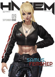 1girl abs absurdres blonde_hair blue_eyes breasts cleavage commander_shepard commander_shepard_(female) commander_shepard_(female)_(cosplay) cosplay cover dog_tags english_text fake_magazine_cover hair_between_eyes highres hood hoodie long_hair magazine_cover mass_effect_(series) mass_effect_1 medium_breasts metroid midriff mole mole_under_mouth monori_rogue nintendo ponytail samus_aran solo toned white_background