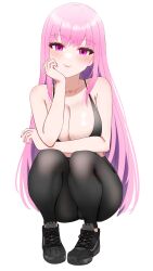 1girl alternate_costume bare_shoulders black_pants black_shoes black_sports_bra blush breasts cleavage collarbone dadangge highres hololive hololive_english large_breasts long_hair looking_at_viewer midriff mori_calliope navel pants pink_eyes pink_hair red_eyes shoes simple_background smile sneakers solo sports_bra squatting underwear virtual_youtuber white_background yoga_pants