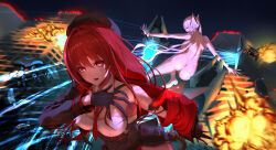2girls absurdres ass bad_anatomy bad_hands bandolier battle belt black_gloves black_hat bodysuit breasts building cinderella_(nikke) clothing_cutout detached_collar explosion fire gloves goddess_of_victory:_nikke hat highres jacket large_breasts laser long_hair multiple_girls nekoten_(pixiv_50710337) night night_sky open_mouth outdoors rapi_(nikke) rapi_(red_hood)_(nikke) rapture_(nikke) red_eyes red_hair sky twintails very_long_hair white_bodysuit white_hair