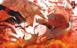 1girl bare_shoulders black_thighhighs breasts changli_(wuthering_waves) closed_mouth dress hair_between_eyes hair_ornament highres holding long_hair looking_at_viewer lying ponytail red_hair sheshe_haoda sleeveless sleeveless_dress solo thighhighs white_dress white_hair wuthering_waves yellow_eyes