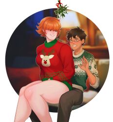 1boy 1girl blush brown_hair christmas couple dark-skinned_male dark_skin eromagicka glasses green_eyes highres messy_hair muscular muscular_female nervous_smile nervous_sweating orange_hair pale_skin red_hair short_hair sitting sitting_on_lap sitting_on_person smile sweat sweatdrop sweater tall_female thick_thighs thighs turtleneck turtleneck_sweater yellow_eyes