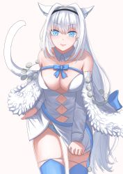 1girl absurdres animal_ear_fluff animal_ears argyle_clothes argyle_cutout bare_shoulders blue_bow blue_eyes blue_ribbon blue_thighhighs blush bow breasts cat_ears cat_girl cat_tail cleavage clothing_cutout detached_collar detached_sleeves dobrynya_nikitich_(fate) dobrynya_nikitich_(second_ascension)_(fate) dress fate/grand_order fate_(series) fur_trim hair_bow hairband highres large_breasts long_hair looking_at_viewer low_ponytail natu_zame navel ponytail ribbon short_dress solo tail thighhighs thighs white_dress white_hair