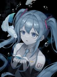 1girl absurdres bare_shoulders black_sleeves blue_eyes blue_hair blue_nails blue_necktie collared_shirt cupping_hands detached_sleeves fish flying_fish grey_shirt hair_intakes hair_ornament hatsune_miku highres holding_water kkamkkam long_hair long_sleeves necktie number_tattoo own_hands_together parted_lips shirt shoulder_tattoo sleeveless sleeveless_shirt solo tattoo tie_clip twintails upper_body very_long_hair vocaloid water_drop