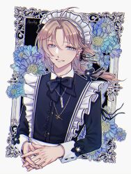 1boy apron black_bow black_dress black_ribbon blue_eyes bow braid braided_ponytail brown_hair crossdressing crossed_hands dress ear_piercing floral_print frilled_dress frills highres jewelry kanae_(20th_costume)_(nijisanji) kanae_(nijisanji) looking_to_the_side maid maid_apron maid_headdress male_focus mole mole_under_eye moxamog nijisanji nijisanji_en parted_lips piercing ribbon ring roto_(kanae) upper_body virtual_youtuber