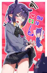 1girl annoyed arms_behind_head arms_up bike_shorts black_hairband black_ribbon black_shorts blue_eyes blue_one-piece_swimsuit blush border bulging_eyes chuunibyou clothes_lift commentary cowboy_shot cropped_legs diamond_hair_ornament diamond_hairband english_commentary eye_pop eyepatch fang from_below gradient_hair grey_sweater hairband highres hololive lifting_own_clothes like_and_retweet looking_at_another looking_at_viewer mascot medical_eyepatch miniskirt multicolored_hair multiple_views neck_ribbon ninomae_ina&#039;nis ninomae_ina&#039;nis_(school_uniform) official_alternate_costume official_alternate_hairstyle old_school_swimsuit one-piece_swimsuit open_mouth orange_hair outline outside_border pink_hair plaid_clothes plaid_skirt pointy_ears purple_hair ribbon school_swimsuit shorts shorts_under_skirt skirt skirt_lift squiggle streaked_hair sweat sweater swimsuit takodachi_(ninomae_ina&#039;nis) tearing_up tenchi_mayo tentacle_hair v-neck virtual_youtuber white_border white_outline