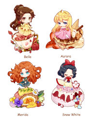 4girls absurdres apple aurora_(disney) axiang_seika beauty_and_the_beast_(disney) belle_(disney) black_hair bow brave_(pixar) brown_hair cake chibi curly_hair disney disney_princess dress food fruit hair_bow highres holding holding_food holding_fruit long_hair looking_at_viewer merida_(brave) multiple_girls princess puffy_short_sleeves puffy_sleeves short_hair short_sleeves skirt sleeping_beauty_(disney) smile snow_white_(disney) snow_white_and_the_seven_dwarfs_(disney) yellow_skirt