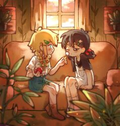 2girls absurdres alternate_costume antenna_hair applying_makeup basil_(faraway)_(omori) basil_(omori) black_eyes black_hair black_shirt blonde_hair blue_eyes blue_shorts braid brown_socks couch genderswap genderswap_(mtf) hair_ornament hairclip highres indoors looking_at_another low_twin_braids low_twintails medium_hair multiple_girls omori one_eye_closed overall_shorts overalls shirt short_sleeves short_twintails shorts sitting socks sunny_(omori) t-shirt thatbirdcanfly twin_braids twintails white_overalls white_shirt white_socks window