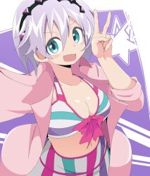 1girl aqua_eyes bikini bikini_under_clothes breasts cleavage front-tie_bikini_top front-tie_top green_bikini hikari_(hoshi_to_tsubasa_no_paradox) hoshi_to_tsubasa_no_paradox large_breasts looking_at_viewer navel official_alternate_costume open_clothes open_mouth open_shirt pink_shirt purple_hair red_bikini selfie shirt slyger_ex solo stomach striped_bikini striped_clothes swimsuit v white_bikini