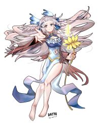 1girl absurdres arknights barefoot blue_dress blue_petals blue_ribbon breasts cleavage clothing_cutout commentary_request dated dress feathered_wings feathers flower gaoling_gangqin glowing gradient_clothes gradient_dress grey_eyes hair_petal hair_ribbon head_wings highres holding holding_flower long_hair medium_breasts mulberry_(arknights) mulberry_(reflection_that_of_the_moons)_(arknights) navel navel_cutout pelvic_curtain reaching reaching_towards_viewer ribbon simple_background solo very_long_hair white_background white_feathers white_hair white_wings wide_sleeves wings