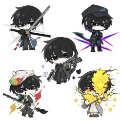 5boys apron beret black_eyes black_hair blade_lineage_(identity)_(project_moon) branch closed_mouth dual_wielding e.g.o_(project_moon) finame0 flower folded_fan folding_fan full_body grey_pants grey_shirt gun hair_flower hair_ornament hand_fan hat highres holding holding_gun holding_sheath holding_sword holding_weapon limbus_company lobotomy_corporation_(identity)_(project_moon) long_sleeves looking_at_viewer low_ponytail multiple_boys multiple_persona pants ponytail project_moon ring_(identity)_(project_moon) sheath shirt solemn_lament_(e.g.o) spicebush_(e.g.o) sword technology_liberation_alliance_(identity)_(project_moon) w_corp._(identity)_(project_moon) weapon white_apron white_hat yellow_eyes yellow_flower yi_sang_(project_moon)