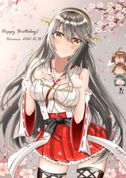 &gt;_&lt; 1girl 4girls absurdres bare_shoulders black_hair blush brown_eyes brown_hair cherry_blossoms chinese_commentary commentary cowboy_shot dated detached_sleeves english_commentary glasses hair_bun hairband hands_on_own_chest happy_birthday haruna_(kancolle) haruna_kai_ni_(kancolle) headgear hiei_(kancolle) hiei_kai_ni_(kancolle) highres kantai_collection kirishima_(kancolle) kirishima_kai_ni_(kancolle) kongou_(kancolle) kongou_kai_ni_(kancolle) long_hair looking_at_viewer mixed-language_commentary multiple_girls nontraditional_miko open_mouth ribbon-trimmed_sleeves ribbon_trim siblings sisters solo_focus twitter_username wavy_mouth zangetsu_yuki_yuki
