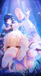 2girls armpits ass asymmetrical_gloves barefoot bdsm blonde_hair blue_eyes blue_hair bob_cut bondage bound breasts brown_eyes diagonal_bangs dice elbow_gloves feet genshin_impact gloves hanging highres icecake leggings lumine_(genshin_impact) multiple_girls pantyhose parted_lips purple_hair single_elbow_glove soles tassel teeth toes vision_(genshin_impact) white_leggings white_pantyhose yelan_(genshin_impact) yuri