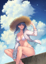 1girl bikini blue_eyes blue_hair blue_sky breasts brown_hat cloud collarbone day hagure_keg hat highres jacket long_hair medium_breasts open_clothes open_jacket open_mouth original outdoors sky solo straw_hat swimsuit white_bikini white_jacket