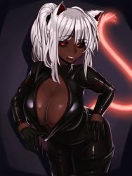 1girl absurdres animal_ears bad_id bad_twitter_id black_bodysuit black_gloves black_sclera bodysuit borrowed_character breasts cat_ears cat_girl cat_tail catsuit center_opening cleavage cleavage_reach coco_(bakeneko) colored_sclera colored_skin commission cowboy_shot dark-skinned_female dark_skin downblouse fang fictional_persona gloves glowing_tail half_gloves highres huge_breasts kevbot leaning_forward long_hair messy_hair mole mole_on_breast mole_under_eye multiple_moles no_bra original ponytail raised_eyebrow red_eyes second-party_source shiny_clothes silver_hair solo tail teeth thick_thighs thighs unzipped upper_teeth_only very_dark_skin