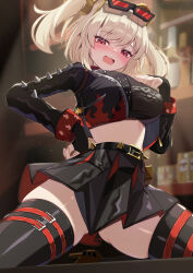 1girl absurdres akuame_(ring3922) bar_(place) belt black_belt black_jacket black_skirt black_thighhighs blonde_hair blush breasts burnice_white eyewear_on_head from_below furrowed_brow hair_between_eyes highres indoors jacket large_breasts long_hair open_clothes open_jacket open_mouth red-tinted_eyewear red_eyes sidelocks skirt solo spiked_belt thighhighs thighs tinted_eyewear zenless_zone_zero