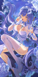 1girl :p absurdres asymmetrical_legwear blue_eyes blue_flower breasts cantarella_(wuthering_waves) cherry commentary dress facial_mark floating_hair flower food fruit garter_straps gurina hair_flower hair_ornament headdress high_heels highres holding holding_food holding_fruit holding_umbrella jellyfish kneehighs large_breasts legwear_cutout long_hair mark_under_eye nail_polish parasol purple_hair purple_nails purple_umbrella shoes shrug_(clothing) single_kneehigh single_sock single_thighhigh socks solo thighhighs thighs tongue tongue_out umbrella uneven_legwear very_long_hair white_dress white_garter_straps white_shoes white_shrug white_socks white_thighhighs wuthering_waves