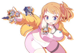 Rule 34 | 10s, 1girl, bike shorts, blue eyes, breasts, brown hair, build burning gundam, chibi, cleavage, crazy developers, female focus, gundam, gundam build fighters, gundam build fighters try, gunpla, hoshino fumina, jacket, lightning gundam, mecha, model kit, open mouth, ponytail, robot, solo, sports bra, sweat, winning gundam