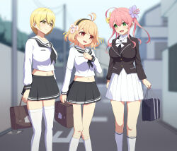 Rule 34 | 3girls, absurdres, apricot (flower knight girl), black hairband, black jacket, black neckerchief, black sailor collar, black skirt, blonde hair, blurry, blurry background, blush, breasts, flower, flower knight girl, green eyes, hair flower, hair ornament, hairband, highres, jacket, large breasts, long hair, long sleeves, looking at another, looking down, medium breasts, medium hair, multiple girls, navel, neckerchief, open mouth, outdoors, panties, pink hair, red eyes, ribbon, saffron (flower knight girl), sailor collar, sakamata (sakamata4), school uniform, shirt, short hair, skirt, socks, suiren (flower knight girl), thighhighs, underwear, white ribbon, white shirt, white skirt, white socks, white thighhighs, yellow eyes
