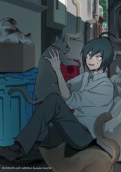 1boy :d ahoge animal black_hair black_shoes carton cat collared_shirt danganronpa_(series) danganronpa_v3:_killing_harmony dated grey_shirt hair_between_eyes happy_birthday highres holding holding_animal holding_cat male_focus no_jacket open_mouth outdoors pants saihara_shuichi shachoo_(poco_poco) shirt shoes smile solo striped_clothes striped_pants trash_can yellow_eyes