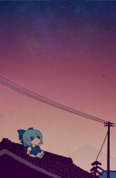 1girl azuma_meri blue_bow blue_dress bow cirno commentary contrail dress dusk fumo_(doll) gradient_sky hair_bow highres ice ice_wings mountainous_horizon on_roof outdoors sitting sky solo star_(sky) starry_sky touhou utility_pole variant_set wings