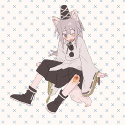 1girl animal_ear_fluff animal_ears black_boots black_hakama black_hat black_ribbon blood blood_drip boots bright_pupils commentary_request fang footwear_ribbon fox_ears fox_girl fox_tail full_body green_ribbon grey_eyes grey_hair hair_between_eyes hakama hakama_short_skirt hakama_skirt hat hat_ribbon injury invisible_chair japanese_clothes kariginu kemonomimi_mode kimono light_blush long_hair long_sleeves medium_skirt mononobe_no_futo neck_ribbon one_eye_closed open_mouth pain pom_pom_(clothes) ponytail red_ribbon ribbon ribbon-trimmed_sleeves ribbon_trim scraped_knee sitting skirt sleeve_ribbon sleeves_past_wrists solo tail tate_eboshi tearing_up touhou white_background white_kimono white_pupils white_ribbon wide_sleeves wssjzwcmd