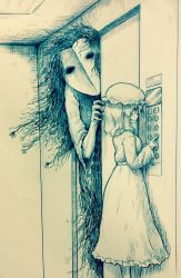 1girl arinu breasts ceiling commentary_request dress elevator elevator_door feet_out_of_frame hairy hat highres horror_(theme) index_finger_raised indoors maribel_hearn medium_breasts medium_hair mob_cap monochrome monster peeking standing touhou traditional_media wall