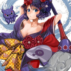 Rule 34 | 1girl, bare shoulders, blue eyes, breasts, chirao (tirao777), cleavage, collarbone, commentary, fate/grand order, fate (series), flower, giant brush, hair flower, hair ornament, holding, holding paintbrush, japanese clothes, katsushika hokusai (fate), katsushika hokusai (second ascension) (fate), kimono, large breasts, light blush, looking at viewer, octopus, paintbrush, parted lips, purple hair, purple kimono, serious, short hair, tokitarou (fate), translation request, v-shaped eyebrows, water