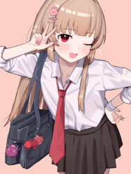 1girl absurdres bag bandaged_wrist bandages black_skirt blunt_bangs brown_hair collared_shirt cowboy_shot dress_shirt fang fingernails gyaru hair_ornament hairclip hand_up highres kogal long_fingernails long_hair looking_at_viewer nail_polish natori_sana necktie okaki8130 one_eye_closed open_mouth orange_background pink_nails pleated_skirt rabbit_hair_ornament red_eyes red_necktie sana_channel school_bag school_uniform shirt shoulder_bag simple_background skin_fang skirt sleeves_rolled_up smile solo standing v virtual_youtuber white_shirt
