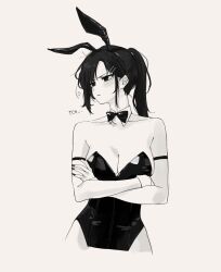 Rule 34 | 1girl, absurdres, anger vein, animal ear hairband, animal ears, bare shoulders, blush, bow, bowtie, breasts, commentary, cropped legs, crossed arms, detached collar, fake animal ears, feint721, genderswap, genderswap (mtf), greyscale, hairband, highres, leotard, long hair, looking to the side, medium breasts, mole, mole under eye, monochrome, nail polish, original, playboy bunny, ponytail, rabbit ear hairband, rabbit ears, self-portrait, solo, strapless, strapless leotard, symbol-only commentary