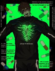 1boy afraid_of_monsters beard_stubble black_border black_hoodie blood_from_forehead blurry blurry_foreground border brown_hair david_leatherhoff drugs empty_eyes english_text facial_hair falling_pills green_background head_tilt highres hood hood_down hoodie male_focus messy_hair n0elleblanc open_mouth outside_border outstretched_arms partially_shaded_face pill scar scar_on_face solo spread_arms stubble upper_body