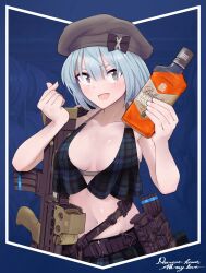 1girl :d absurdres alcohol assault_rifle ballantines_(whiskey) belt black_belt blue_background blue_hair blush bottle breasts bullpup cirno cirno_(cookie) commentary_request cookie_(touhou) cowboy_shot finger_heart fingernails grey_hat grey_skirt grey_tank_top gun hair_between_eyes hat highres holding holding_bottle looking_at_viewer magazine_(weapon) medium_breasts midriff navel oomiya_(nicoseiga96593860) open_mouth plaid_clothes plaid_skirt plaid_tank_top rifle short_hair skirt smile solo tam_o&#039;_shanter tank_top touhou weapon whiskey