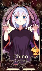 1girl :o alternate_costume animal_ear_headwear animal_ears black_robe blue_eyes blue_hair blush character_name claw_pose commentary_request copyright_name cowboy_shot eyelashes eyeshadow fake_animal_ears gochuumon_wa_usagi_desu_ka? hair_between_eyes hair_ornament halloween halloween_costume hands_up heart heart_sticker highres hood hood_up jack-o&#039;-lantern kafuu_chino long_hair long_sleeves looking_at_viewer makeup open_mouth pink_eyeshadow poteto_furai rabbit_ears robe solo sticker_on_face v-shaped_eyebrows wide_sleeves x_hair_ornament