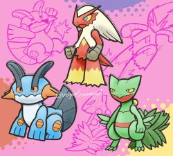 black_eyes blaziken blonde_hair blue_eyes claws closed_mouth colored_sclera gen_3_pokemon highres mario_(series) nintendo orange_sclera paper_mario parody pokemon pokemon_(creature) sceptile smile spikes standing style_parody swampert twitter_username veganswampert yellow_sclera