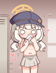 1girl aoba_(blue_archive) bare_arms bare_shoulders blue_archive blue_hat blunt_bangs blush clothes_pull commentary_request cowboy_shot halo hana_kazari hat highres medium_hair navel o_o shirt shirt_pull skirt sleeveless sleeveless_shirt smelling smelling_clothes solo translation_request white_hair white_shirt white_skirt yellow_halo