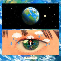 1girl 2025 black_hair close-up cloud earth_(planet) english_text eye_focus green_eyes highres looking_at_viewer moon original planet rain red_hair space standing star_(sky) yin_0909