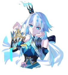 1girl blue_dress blue_eyes blue_hair cerydra_(honkai:_star_rail) closed_mouth commentary_request cropped_torso crown detached_sleeves dress highres holding holding_crown honkai:_star_rail honkai_(series) koyuki_kon9 long_hair mini_crown simple_background solo white_background