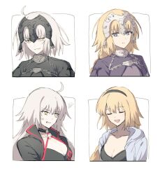 Rule 34 | 4girls, ahoge, anger vein, bikini, black bikini, black jacket, blue jacket, braid, breasts, chain, cleavage, closed eyes, commentary request, cropped jacket, dual persona, fate/grand order, fate (series), grey hair, hairband, headpiece, jacket, jeanne d&#039;arc (fate), jeanne d&#039;arc (ruler) (fate), jeanne d&#039;arc (swimsuit archer) (fate), jeanne d&#039;arc alter (avenger) (fate), jeanne d&#039;arc alter (fate), jeanne d&#039;arc alter (swimsuit berserker) (fate), long hair, multiple girls, nekwnek, official alternate costume, open clothes, open jacket, open mouth, purple eyes, short hair, smile, swimsuit, very long hair, white background, yellow eyes