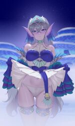 1girl absurdres bare_shoulders blue_dress blue_eyes blue_sleeves blush breasts cleavage clothes_lift cowboy_shot detached_sleeves dress dress_lift duel_monster frilled_sleeves frills grey_hair highres kitkallos_(yu-gi-oh!) large_breasts long_hair navel night panties rare_lemon solo strapless strapless_dress tearlaments_kitkallos underwear white_panties yu-gi-oh!