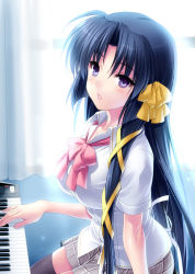 1girl black_hair dress_shirt female_focus hair_ribbon instrument kurugaya_yuiko little_busters! long_hair parted_lips piano plaid_clothes plaid_skirt purple_eyes ribbon school_uniform shirt skirt solo thighhighs zen