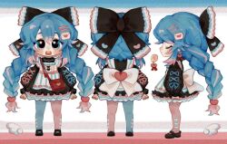 asymmetrical_legwear back bag black_shoes blue_eyes blush bow braid chibi closed_eyes closed_mouth dot_nose dress earrings frilled_dress frills hair_between_eyes hair_bow hair_ornament hairclip hairpin hatsune_miku heart heart_earrings jewelry letter letter_hair_ornament long_sleeves looking_at_viewer messenger_bag mismatched_legwear nose_blush open_mouth pantyhose profile reference_sheet shoes shoulder_bag sidelocks suuroku teeth twin_braids upper_teeth_only very_long_sleeves vocaloid white_wings wings