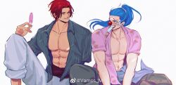 2boys abs absurdres amputee blue_hair buggy_the_clown clown_nose collarbone facepaint food food_in_mouth highres holding holding_food holding_popsicle knee_up looking_at_another male_focus multiple_boys one_piece open_clothes open_shirt pectorals pink_shirt popsicle popsicle_in_mouth red_hair shanks_(one_piece) shirt short_hair sitting smile striped_clothes striped_shirt toned toned_male vamos_mk