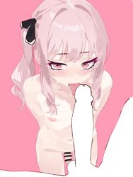 1boy 1other akiyama_mizuki arms_behind_back bar_censor blank_censor blush censored completely_nude erection fellatio flaccid from_above highres licking licking_penis looking_at_viewer navel nipples nude oral penis pink_background pink_eyes pink_hair project_sekai side_ponytail simple_background solo_focus standing sweat tongue tongue_out trap zhan_jie_wang