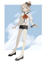 1girl bad_feet black_footwear black_shorts blonde_hair blue_eyes blue_sky cloud commentary full_body hair_ornament hair_ribbon hairclip highres kagamine_rin loose_clothes loose_shirt loverinteto midriff_peek navel open_mouth ribbon sekiranun_graffiti_(vocaloid) shirt short_hair short_shorts short_sleeves shorts sky solo striped_ribbon swept_bangs vocaloid white_shirt wrist_ribbon