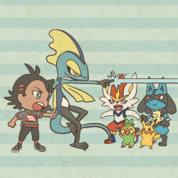 Rule 34 | 1boy, :3, :d, antenna hair, arms up, black hair, black pants, blue eyes, bright pupils, chibi, cinderace, closed mouth, commentary request, dark-skinned male, dark skin, dot nose, fangs, from side, full body, gen 1 pokemon, gen 4 pokemon, gen 8 pokemon, goh (pokemon), grey shirt, grey shoes, grookey, inteleon, lucario, male focus, mojacookie, nintendo, official art, open mouth, orange eyes, outstretched arm, pants, pikachu, pointing, pokemon, pokemon (anime), pokemon (creature), pokemon journeys, pokemon move, red eyes, red socks, second-party source, shirt, shoes, short hair, short sleeves, smile, snipe shot (pokemon), socks, standing, striped background, teeth, upper teeth only, white pupils, yellow eyes