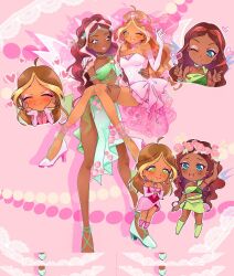 2girls adapted_costume ahoge aisha_(winx_club) arm_around_neck armlet bad_id bad_twitter_id bare_legs bare_shoulders bead_armlet bead_choker beads blonde_hair blue_eyes blue_wings boots bow carrying chibi chocofish closed_mouth corrupted_file crop_top dark-skinned_female dark_skin double_finger_gun dress elbow_gloves fairy fairy_wings finger_gun flora_(winx_club) frilled_dress frills full_body glitter gloves green_boots green_eyes green_shirt green_wings hand_on_another&#039;s_shoulder hands_on_own_hips head_wreath heart high_heels jewelry knee_boots lipstick looking_at_another magical_girl makeup medium_dress midriff multicolored_hair multiple_girls necklace o-ring_strap one_eye_closed own_hands_together parted_lips pink_arm_warmers pink_background pink_boots pink_bow pink_dress pink_gloves pink_hair pink_lips pink_shoes princess_carry pumps shadow shirt shoes short_dress side_slit single_strap skirt skirt_set sleeveless sleeveless_shirt smile strapless strapless_dress streaked_hair teeth transparent_wings two-tone_hair very_dark_skin waist_bow wavy_hair white_shoes white_wings wings winx_club yuri