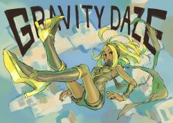 1girl arm_warmers armpits bare_shoulders black_arm_warmers black_hairband black_romper black_scarf black_socks blonde_hair breasts commentary copyright_name dark-skinned_female dark_skin english_commentary english_text falling forehead gravity_daze hairband hashtag-only_commentary high_heels kitten_(gravity_daze) kneehighs legs_apart long_hair long_scarf looking_at_viewer maeba_kenji medium_breasts narrow_waist nose nostrils outdoors parted_bangs pumps red_eyes romper scarf shoe_strap shoes skinny socks solo strapless teeth tongue upper_teeth_only yellow_shoes