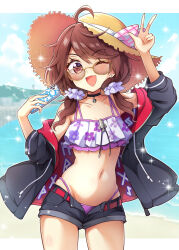 Rule 34 | 1girl, ;d, arm up, beach, belt, bikini, bikini under shorts, black choker, black jacket, blue sky, brown eyes, brown hair, brown hat, cellphone, choker, cloud, collarbone, commentary request, cowboy shot, day, drawstring, hat, highres, holding, holding phone, jacket, keyaki chimaki, long hair, long sleeves, looking at viewer, navel, ocean, one eye closed, open mouth, outdoors, phone, purple bikini, red belt, sky, smartphone, smile, solo, straw hat, sun hat, swimsuit, touhou, usami sumireko, w