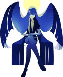 1other black_necktie black_shorts black_suit blue_eyes blue_hair collared_shirt crossed_legs floating_hair formal_clothes gem_uniform_(houseki_no_kuni) hair_flowing_over highres houseki_no_kuni invisible_chair jacket lapis_lazuli_(houseki_no_kuni) long_hair looking_at_viewer mt5_014 necktie other_focus puffy_short_sleeves puffy_sleeves shirt short_shorts short_sleeves shorts simple_background sitting smile solo sparkle suit suit_jacket very_long_hair white_background white_shirt